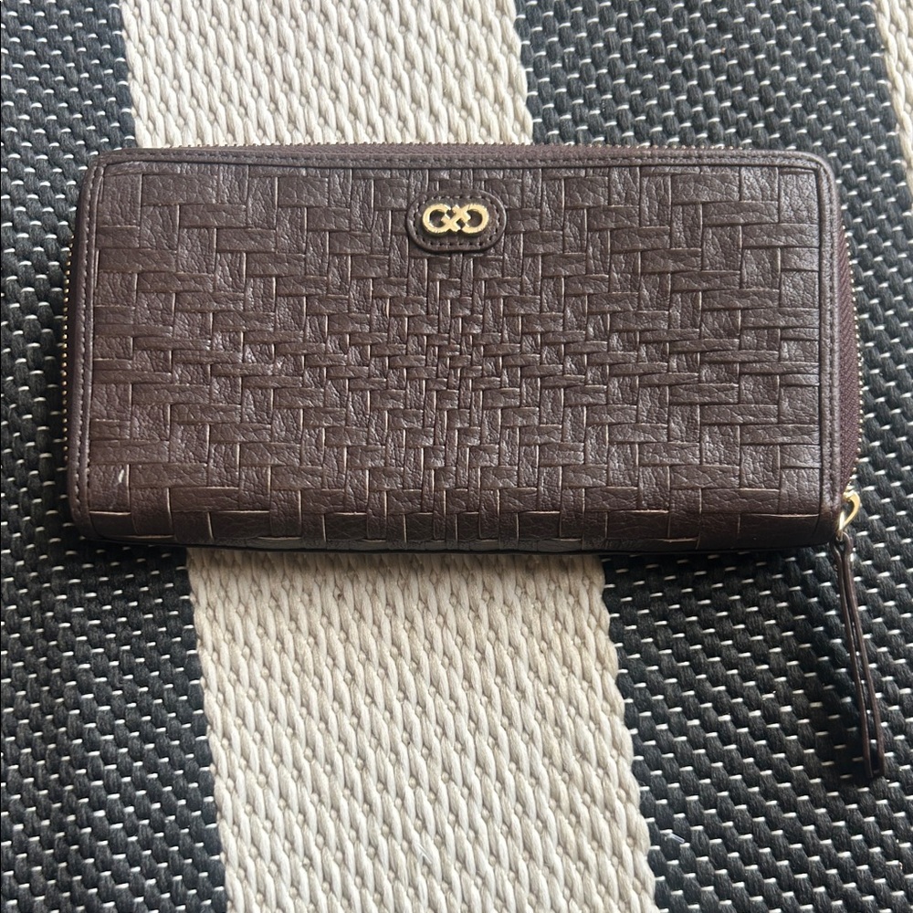 Cole Haan Dark Brown Woven Zip-Around Wallet with Gold Logo